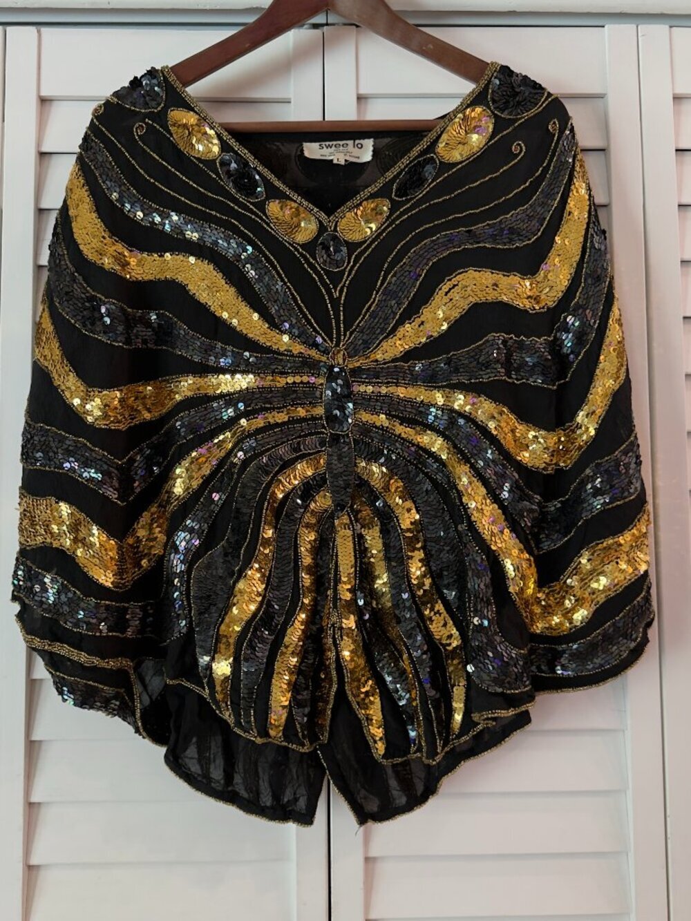 Vintage Swee Lo Hand-Beaded Silk Butterfly Cape Top